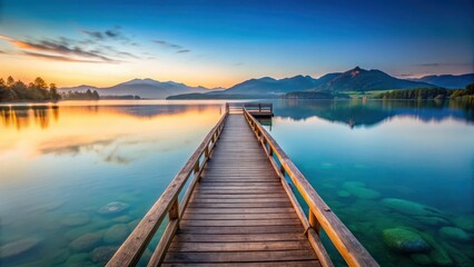 Naklejka premium Peaceful wooden bridge stretches over serene crystal clear waters of Fuschlsee lake at dawn, peaceful surroundings, outdoor landscape