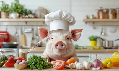 Adorable Pig Chef Surrounded by Fresh Vegetables and Cooking Utensils