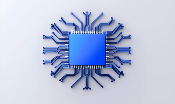 Blue Microchip with Circuit Lines on Light Gray Background