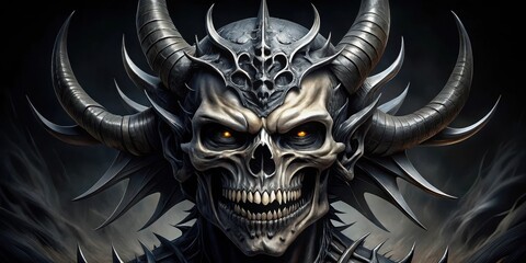 Fototapeta premium A dark, mystical creature with a skull as its body, sporting sharp horns and razor-sharp teeth in shades of black and silver, demonic face, heavy metal demon