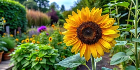 Obraz premium A close-up of a single sunflower with a long, thick stem and dark green leaves