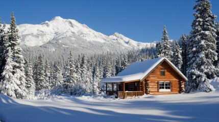 Snowy Cabin in Mountains