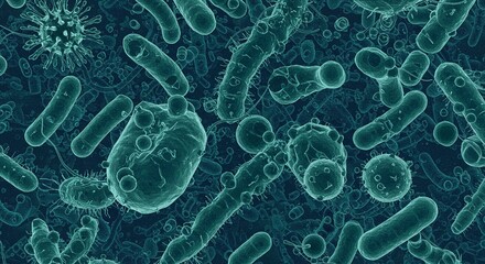 Microbial Forms: A Teal-Toned, Detailed Microorganism Illustration