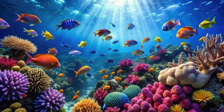 Underwater scene with colorful coral reefs and schools of fish swimming in the blue ocean, blue sea, ocean life