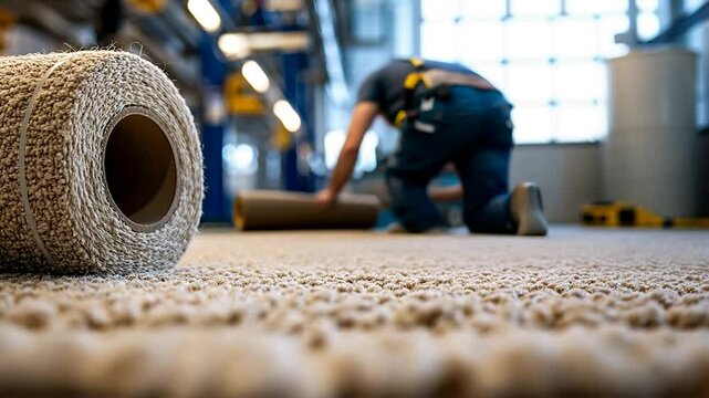 Worker installing carpet in factory