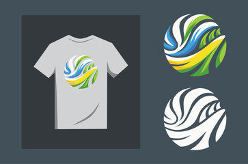 Abstract Globe T-Shirt Design with Dynamic Green, Blue, and Yellow Swirls. T-shirt Vector Illustration