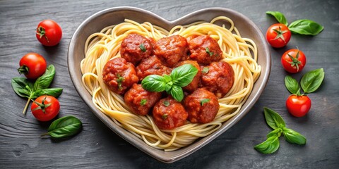 Tender meatballs in heart shape are placed on top of steaming hot pasta covered with a rich tomato sauce and fresh basil leaves , Italian food, tomato sauce