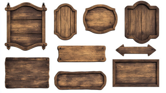 Wooden plaque sign board cartoon vector tag label. Isolated wood signboard set with frame for game interface. Brown rustic plank with timber texture to use as badge or nameplate for announcement.