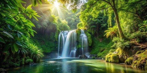 Obraz premium Serene Hidden gem waterfall in lush green forest surrounded by tropical trees and vines, with sunlight filtering through leaves, hidden gem, waterfall
