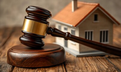 Obraz premium A gavel on a wooden block next to a small model house, symbolizing legal proceedings related to real estate, Generative AI