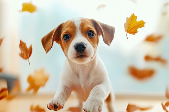 Adorable Jack Russell Terrier Puppy Playing Amidst Falling Autumn Leaves