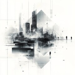 Abstract Futuristic Cityscape with Geometric Shapes and Silhouettes of People in Minimalist Style