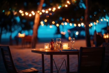 Romantic Beach Dinner Under String Lights. Romantic dinner, night ambiance, tropical setting
