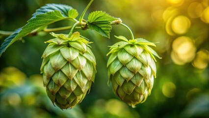 Fototapeta premium Floral arrangement of two hop cones displaying their unique seed heads in a natural setting, showcasing the characteristic umbel structure, seeds, nature