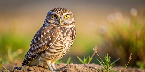 Obraz premium Burrowing owl perched on a sunny patch of grass in a dry landscape, showcasing its distinctive facial markings and sharp talons