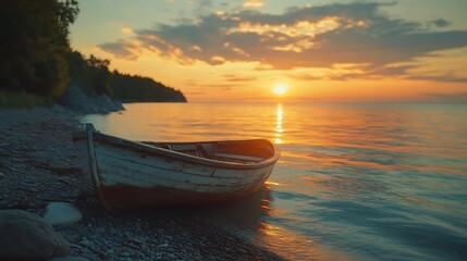 Sunset Lakeside Boat Peaceful Scene