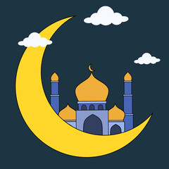 Eid mubarak greeting card. Ramadhan kareem background illustration. Moon, mosque and cloud modern vector. 