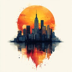 Fototapeta premium Majestic Sunset Over Iconic City Skyline with Reflective Water and Vibrant Color Palette Representing Urban Beauty and Tranquility