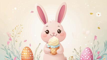 Obraz premium cute bunny holding ice cream cone is surrounded by colorful Easter eggs and flowers, creating cheerful and festive atmosphere