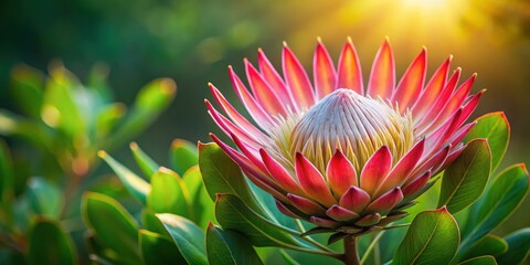 Majestic Madiba protea flower blooms in vibrant hues against a lush green backdrop, its delicate petals swaying gently in the breeze , green background, south african