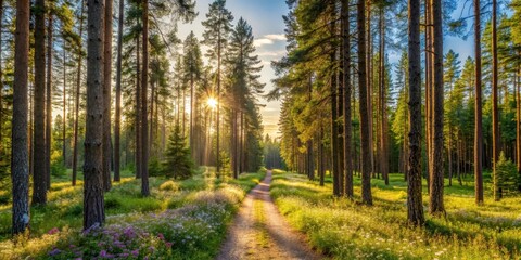 Obraz premium Sunny forest trail in Finland during summer with trees and wildflowers, summer, forest trail, summer,forest trail