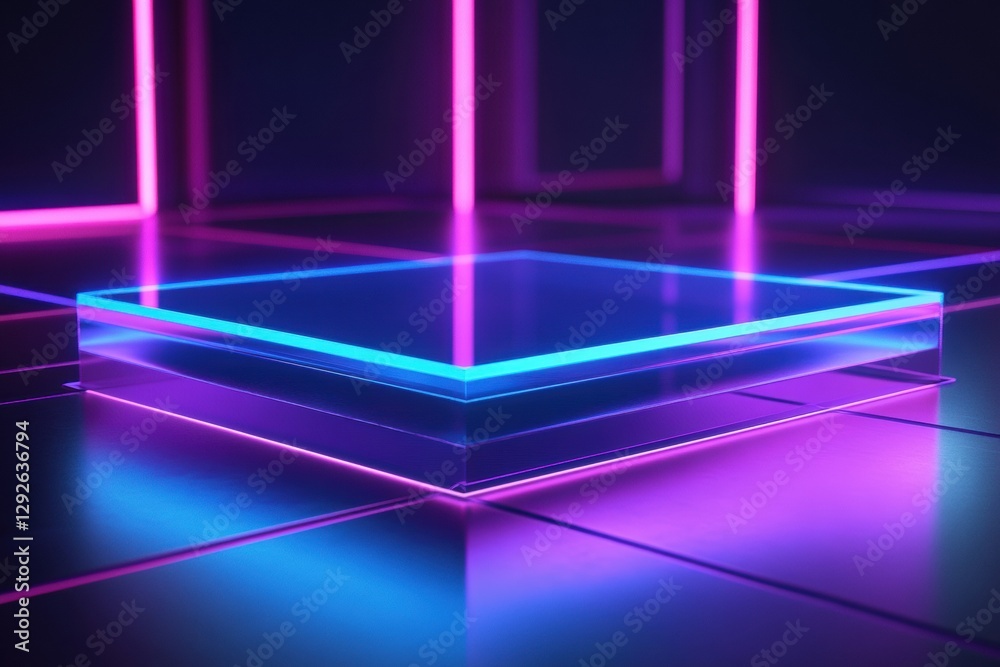 Poster Vibrant neon illuminated platform in an artistic display setting during a night event. Generative AI