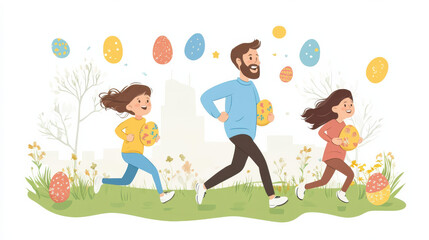 Fototapeta premium family joyfully participates in Easter egg hunt, running through grassy field with colorful eggs. scene is lively and festive, capturing spirit of holiday