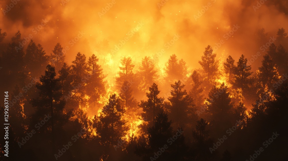 Poster forest ablaze with flames and smoke, highlighting the devastation of wildfires under a fiery sky. ge