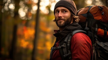 Fototapeta premium Male Hiker Surrounded by Vibrant Fall Forest: Sunlight Filtering Through Trees and Illuminating the Trail