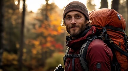 Fototapeta premium Male Hiker Surrounded by Vibrant Fall Forest: Sunlight Filtering Through Trees and Illuminating the Trail