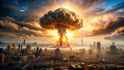 Nuclear Bomb Detonation Over a Cityscape , destruction, devastation,  destruction, devastation