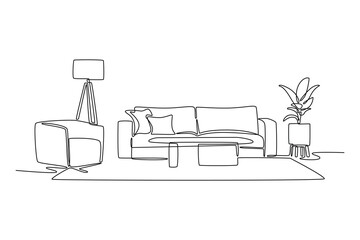Living room interior concept. Single line draw design vector graphic illustration.