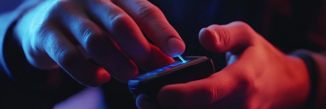 A person checking their blood sugar level with a glucometer - Powered by Adobe