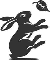 Rabbit playfully chasing a falling leaf animal vector silhouette