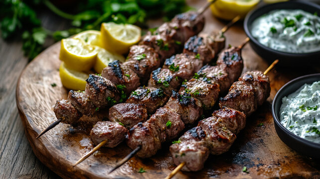grilled lamb souvlaki skewers with lemon and tzatziki sauce meat food herb greek tasty - Powered by Adobe