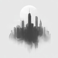 Fototapeta premium Misty Urban Skyline with Tall Skyscrapers Under a Large Circle in Black and White Tone Providing a Dreamlike Atmosphere