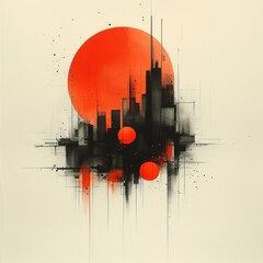 Obraz premium Abstract city skyline with a vibrant orange sun setting behind, featuring geometric shapes and dynamic lines in a modern artistic style