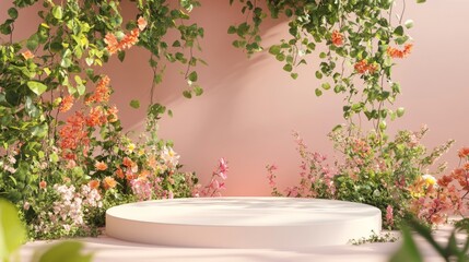 podium natural plant mockup fragrance display. Floral Spring Display with White Round Pedestal.