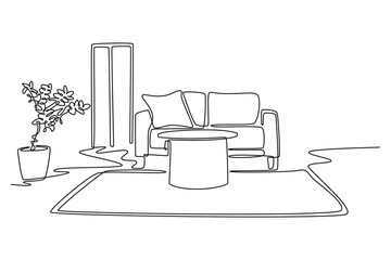 Living room interior concept. Single line draw design vector graphic illustration.