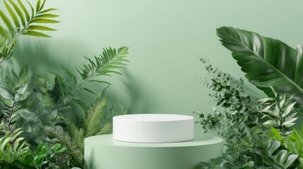 podium natural plant mockup fragrance display. Green Leaf Background with White Product Display Platform.