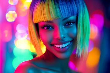 Fototapeta premium Gorgeous smiling black girl - for ads, avenue poster and internet use. Short hairdo - multicolored hair. Commercial ad artwork. African american girl. Modern portrait campaign. Black girl ads.