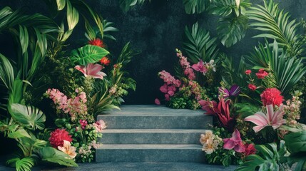 Obraz premium podium natural plant mockup fragrance display. Lush Tropical Flowers Surround Stone Steps Scene.