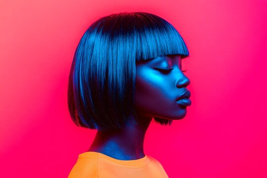 Short coiffure - blue hair. Commercial digital ads idea. Attractive calm black girl - for ads, poster and web use. Artistic african elegance. African advertising trends. Black portrait ads.