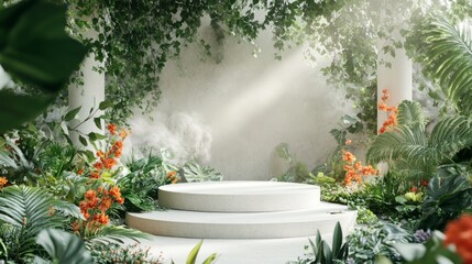 podium natural plant mockup fragrance display. Lush Tropical Garden with White Circular Podium.