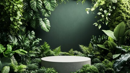 podium natural plant mockup fragrance display. Lush Tropical Greenery Frame Empty Product Display Pedestal.