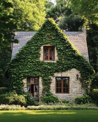 Fototapeta premium A quaint cottage with ivy-covered walls in a spring setting