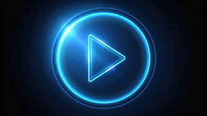 Fototapeta premium Glowing blue play button on black background with right navigational triangle arrow and neon circle, digital element, glowing circle