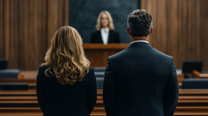 wide-angle shot from behind a young female defendant, attorney standing beside her, judge delivering a strong verdict, courtroom with bright natural light