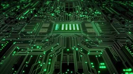 Fototapeta premium Green circuit board with glowing CPU. Illustrates technological advancement, computing power, or digital innovation.