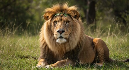 Obraz premium Regal Lion with a Crown of Leaves